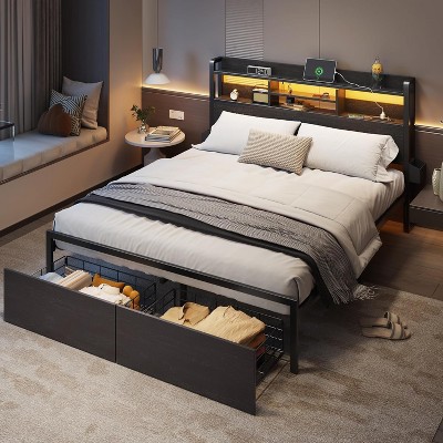 Furnulem Queen Bed Frame with Wood Headboard and Storage Shelf Metal Platform Bed Frame Queen Size with Storage Drawers No Box Spring Needed Black