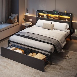 Furnulem Queen Bed Frame with Wood Headboard and Storage Shelf Metal Platform Bed Frame Queen Size with Storage Drawers No Box Spring Needed Black - 1 of 4