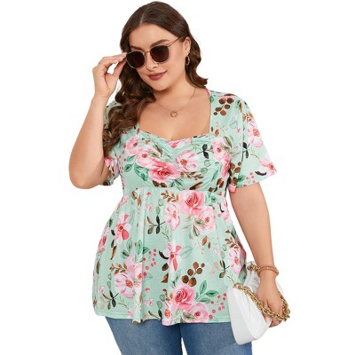 Womens Plus Size Sweetheart Neck Short Sleeves Tunic Tops Pleated Peplum Babydoll Casual T shirts Floral Summer Blouse