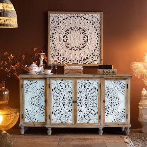 Vynxaria 4-Door Hollow-Carved Accent Cabinet, Distressed Wood Storage Cabinet Cupboard with adjustable shelves,unique design - 1 of 4