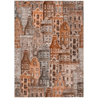 Orange Copper And Salmon Village Houses Washable Indoor Outdoor Area Rug