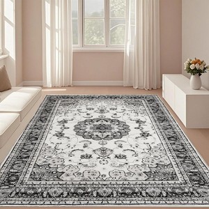 5'x7' Washable Vintage Area Rug, Non-Slip Low Pile Soft Rug with Rubber Backing, Perfect for Living Room, Bedroom, Dining, and Kitchen, Grey - 1 of 4