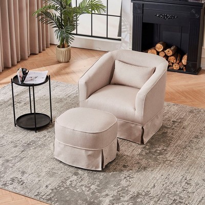 360 Degree Swivel Barrel Chair With Ottoman, Upholstered Accent Armchair With Rectangular Storage Footstool, For Living Room