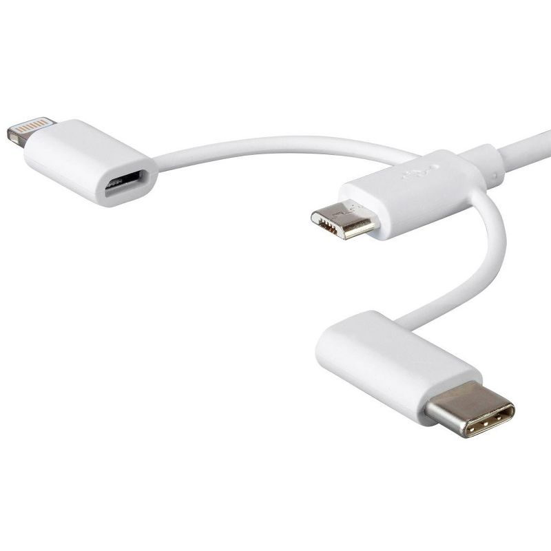 Monoprice MFi Certified USB to Micro USB + USB Type-C + Lightning 3 in 1 Charge & Sync Cable, 3ft White, 3 of 7