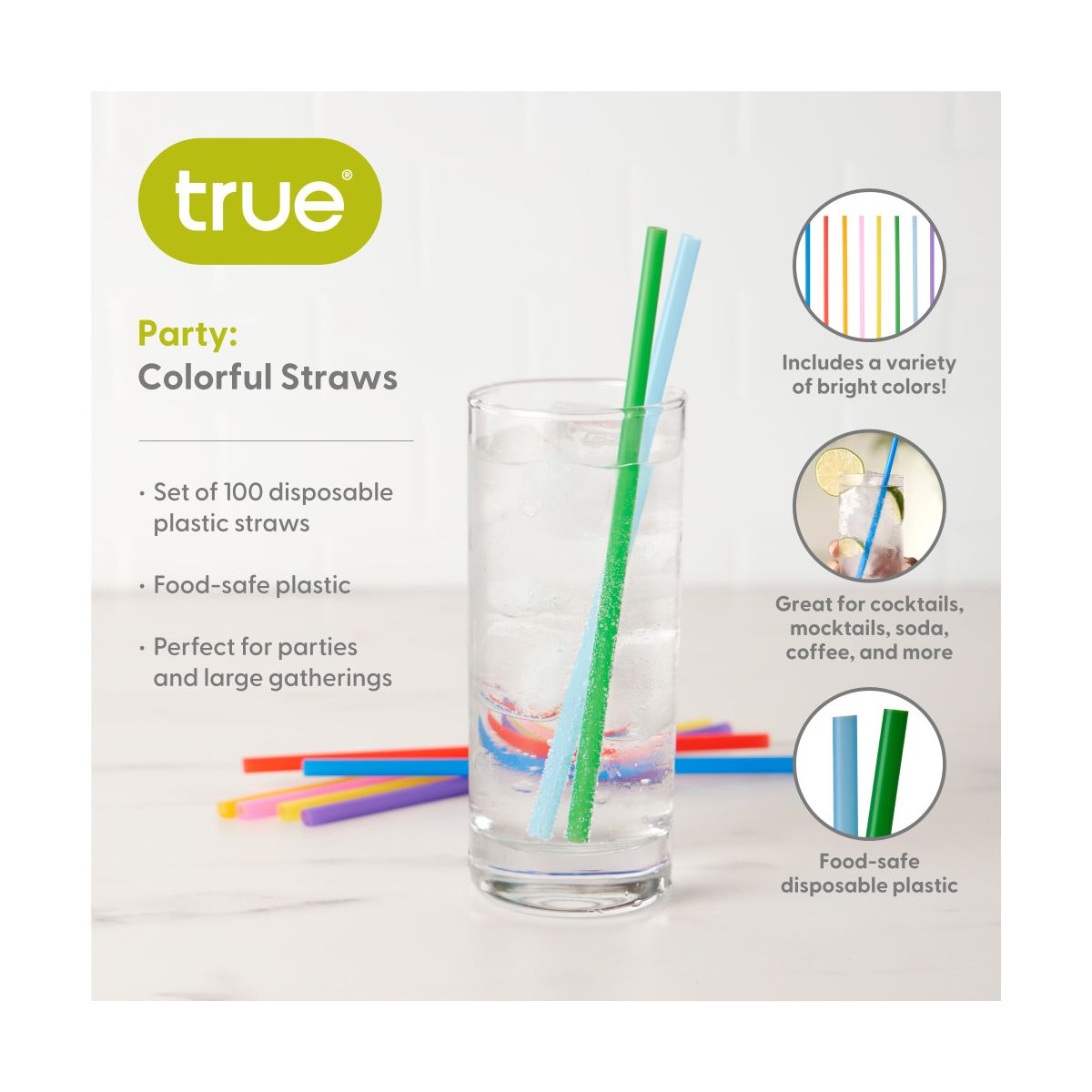 True Colorful 7? Disposable Plastic Straws for Cocktails, Mocktails, Soda, Iced Coffee, Juice, Beverages, Pool Party, Kids Party Supplies, Set of 100 - thumbnail 2