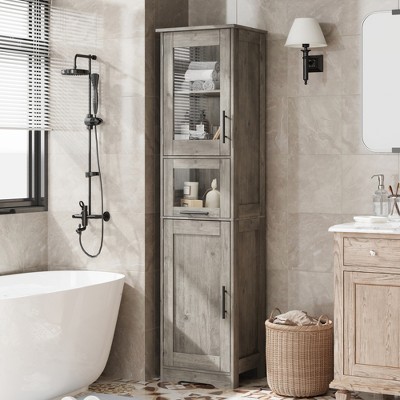 Tall Slim Bathroom Cabinet, Freestanding Narrow Linen Storage Cabinet with Doors and Adjustable Shelves for Living Room