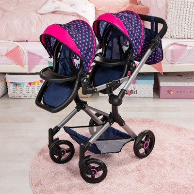 Blue and Pink Twin Doll Pram with Unicorn Design, 18 Inch
