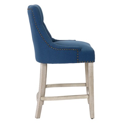 Blue Linen Tufted Wingback Counter Stool Set with Antique Gray Legs