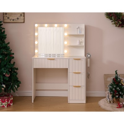 AMERLIFE Makeup Vanity Desk with Mirror & LED Lights, Drawers, Tempered Glass Top, Charging Station, Modern Bedroom Dressing Table