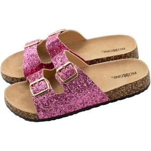Roxoni Women's Chic Glitter Flat Sandals with Double Buckle Straps & Comfortable Suede Footbed – Stylish, Slip-Resistant Design for Everyday Wear - 1 of 4