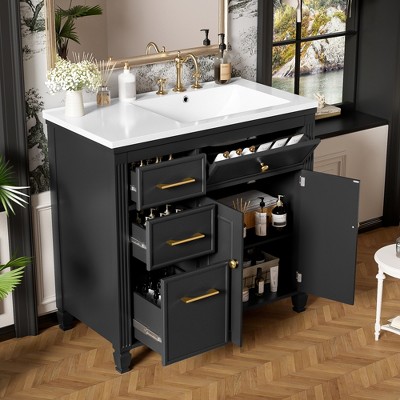 Christopher Knight Home Vivian Modern 36" Freestanding Bathroom Vanity with Ceramic Sink, Drawers and Adjustable Shelf