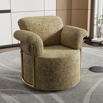 360° Swivel Boucle Barrel Chair, Upholstered Armchair with Gold Metal Legs, Comfortable Round Accent Chair for Living Room - Koiai