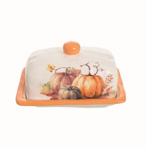 Transpac Dolomite Pumpkin Butter Dish Set of 2 Decorative Ceramic Figurines for Fall Harvest Tabletop Decor - 1 of 1