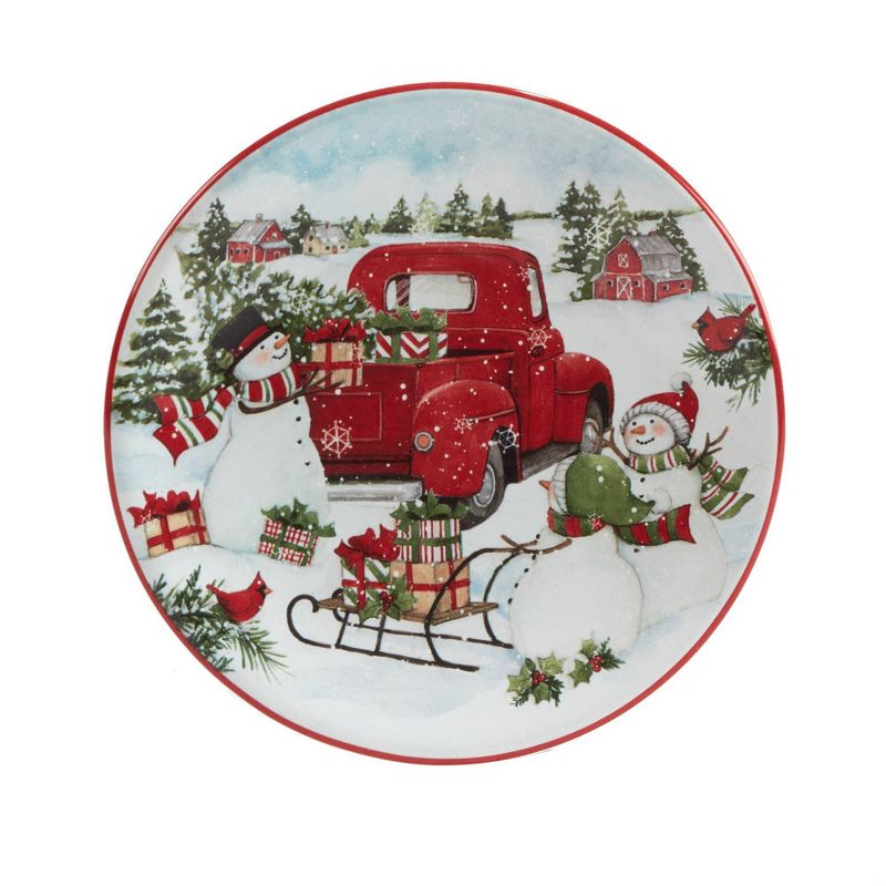 Set of 4 Red Truck Snowman Dining Canape Plates - Certified International, 4 of 8