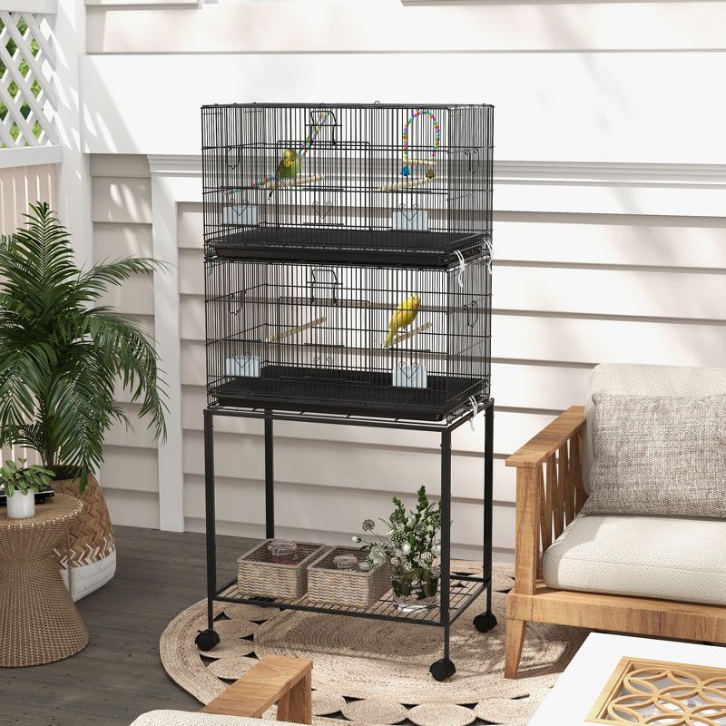 PawHut Double Stackable Bird Cage w/ Stand, Wooden Swing, Rope Ladder & Wheels for Canaries, Lovebirds, Budgie Cage w/ Storage Shelf, Removable Tray, 2 of 7