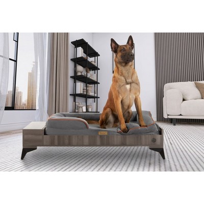 Large Smokey Grey Wooden Elevated Pet Bed with Storage and Mattress