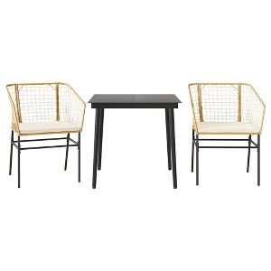 vidaXL 3-Piece Patio Dining Set with Cushions - Brown PE Rattan & Tempered Glass for Garden/Backyard/Patio - 1 of 4