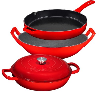 Bruntmor Red Enameled Deep Round Grill Cast Iron Griddle Pan With Glass  Lid, Red : Target