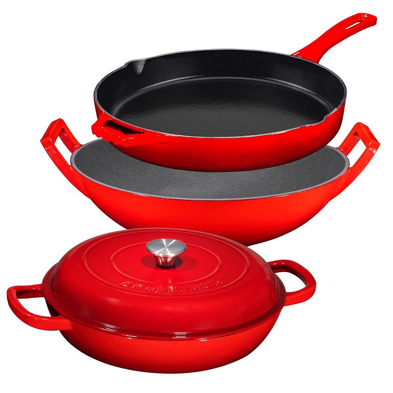 Bruntmor 3 Piece Red Enameled Cast Iron Cookware Gift Set - Braiser Pan, Skillet & Balti Dish, 3.8 Quarts, 1 of 7