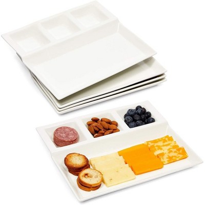 Juvale 4 Pack 10" Porcelain Ceramic Divided Serving Platters, Rectangular, White, 10.25 x 8.6 in.