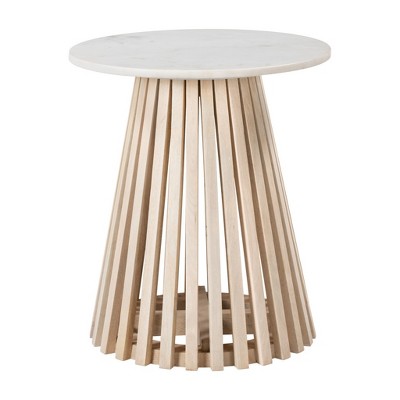 HomeRoots 20" White and Natural Distressed Marble and Solid Wood Round Pedestal End Table