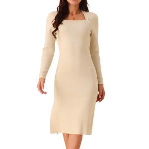 Seta T Women's Square Neck Long Sleeve Slim Fit Ribbed Knit Bodycon Midi Sweater Dress - 1 of 4