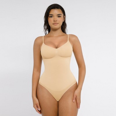 Feelingirl Women's Sculpt Seamless Thong Bodysuit Shapewear Begie XL/XXL