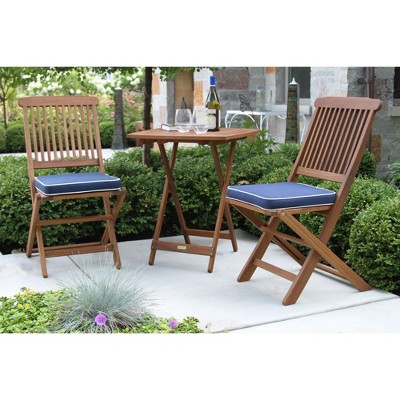 Eucalyptus Wood 3-Piece Foldable Bistro Set with Blue Cushions