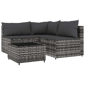 vidaXL 4 Piece Patio Lounge Set - Elegant Gray Poly Rattan with Cushions, Weather-Resistant, Sturdy Steel Frames, Tempered Glass Table, Modular Design - 1 of 4