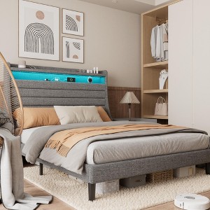 Bed Frame with USB Charging Station & LED Lights, LED Platform Bed with 2-Tier Upholstered Storage Headboard, Sturdy Wood Support, - 1 of 4