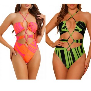 INSPIRE CHIC Women's Halter Allover Print Criss Cross Color Block String Cut Out Bikini Swimwear Bathing Suits 2 Set - 1 of 4