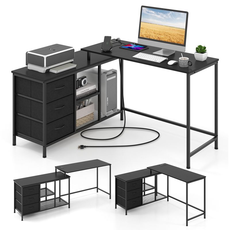 Costway L-shaped Computer Desk with Power Outlet, Drawers, Metal Mesh Shelves Rustic Brown/Black/White, 1 of 10