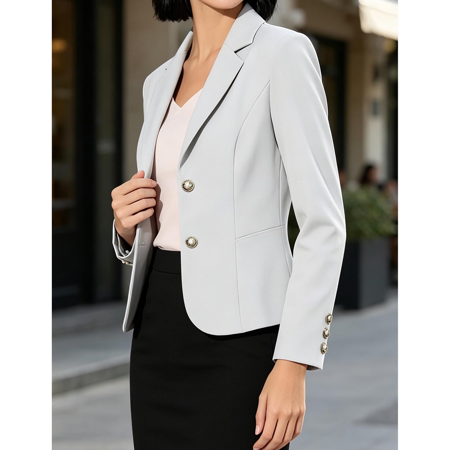 Женская куртка YesFashion Women Cropped Blazer Jacket Lapel Collar Long‑Sleeve Suit Coat Decorative Button Slim‑Fit Business Office Outerwear, S, White, цвет: Белый — фото 7