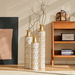 Gilded White Metal Vase Trio Set, 3D Floral Relief Cylinder Vases, Mother's Day Gift Home Décor Centerpiece - 1 of 4