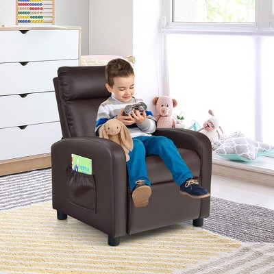 Brown Faux Leather Kids Recliner Armchair with Wood Frame