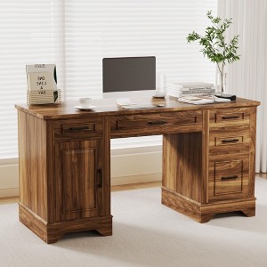 58 Inch Wide Executive Desk with 5 Drawers and 1 Cabinet, Farmhouse Home Office Desk with for Work, Study, Writing, Wooden Computer Table for Bedroom - 1 of 4