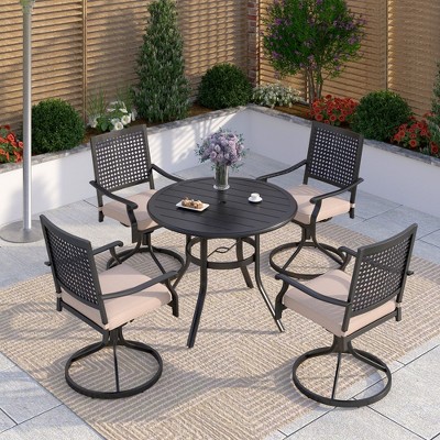 Captiva Designs 5pc Outdoor Steel Slat-top Round Dining Table & Metal Chairs with Stylish Back
