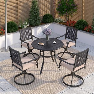 Captiva Designs 5pc Outdoor Steel Slat-top Round Dining Table & Metal Chairs with Stylish Back - 1 of 4