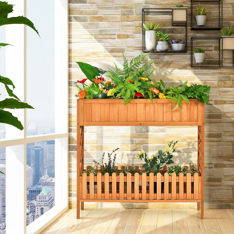 Tangkula Outdoor 2-Tier Wood Planter Raised Garden Bed Elevated Planter Box Kit w/Liner & Shelf for Backyard Patio, 2 of 9