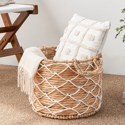 18" x 18" x 15" Round Water Hyacinth Woven Basket with Handles for Clothes, Towels, Canvas, Toys and Magazine Storage