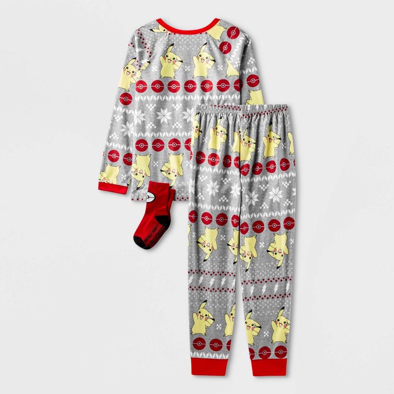 Girls' Pokemon Pikachu Fair Isle 2pc Pajama Set with Socks - Gray, 2 of 5