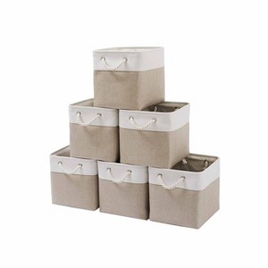 Aoibox 11 x 11 Inch Cube Storage Bins Large Collapsible Fabric Baskets with Ropes Foldable Organizer 6 Pack White Beige - 1 of 4