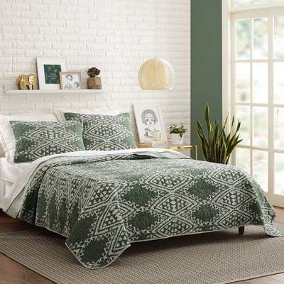 Aisha Green and Gray Cotton King Quilt Set