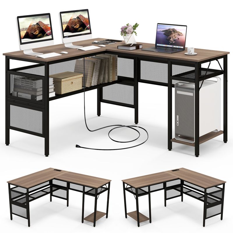 Tangkula L Shaped Desk with Charging Station 55” Reversible Corner Computer Desk with Mesh Storage Shelves CPU Stand 2 Person Gaming Desk, 1 of 11