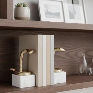 Decorative Metal Snake Bookends on Marble Base - Artistic Accessories for Home Library, Bookshelf, Desk, and Office Decor - Set of 2, 6", Gold & White - 1 of 4