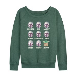 Women's - Star Wars - The Mandalorian Mandalorian Moods Lightweight French Terry Wide Neck Long Sleeve Graphic Shirt - 1 of 4