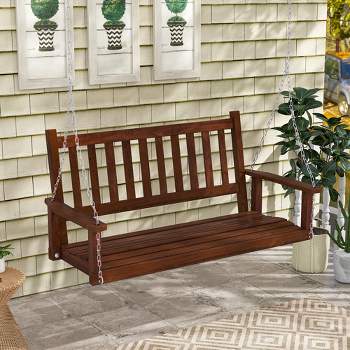 Costway 3-Person Wooden Outdoor Porch Swing Heavy Duty Patio Hanging Bench Chair Brown/White