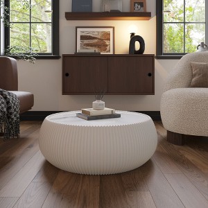 Kumasinova 25.77" PU Leather Round Coffee Table,Modern End Table with Light Marble Top,Side Table with Drum Shape,Center Table for Living Room - 1 of 4
