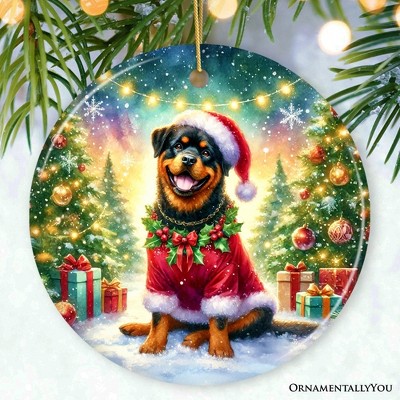 Festive Rottweiler Christmas Ornament in Porcelain Oval