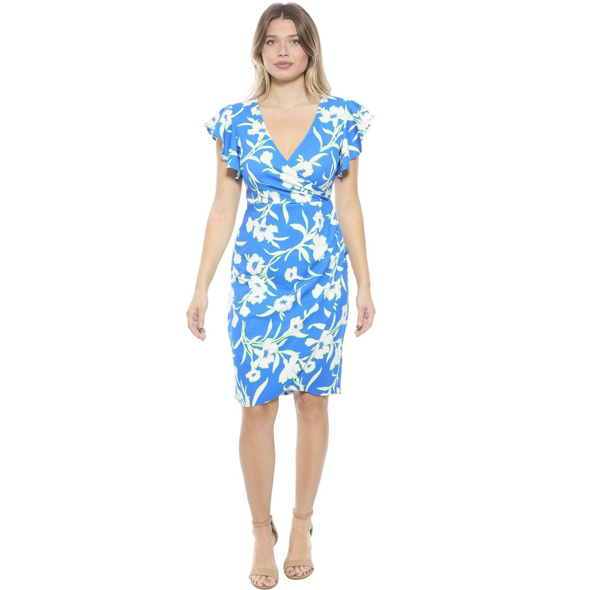 Womens Floral Flutter Sleeve Faux Wrap Knee Length Dress - 24seven Comfort Apparel™